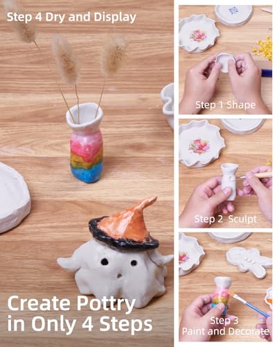 Air Dry Clay Kit for Adults, Pottery Kit for Beginners, 48 PCS Clay Kit with Acrylic Paints, Stamps, Sculpting Tools & Step-by-Step Guide - Crafts for Birthdays Xmas Gift & Decor