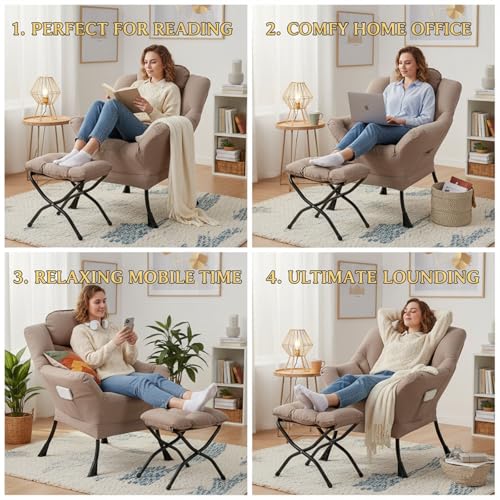 Tiita Lazy Chair with Ottoman, Comfy Reading Accent Chair, Khaki - color: Peach Skin Khaki