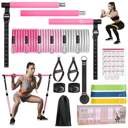Bbtops Pilates Bar Kit with Resistance Bands,Pilates Bar with Stackable Bands Workout Equipment for Legs,Hip,Waist and Arm,Exercise Fitness Equipment for Women & Men Home Gym Yoga Pilates - color: Baby Pink