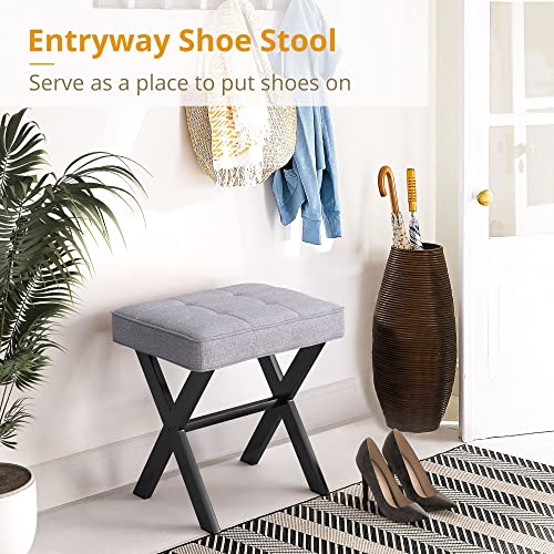 LUE BONA Vanity Stool - Square Linen Makeup Seat With Metal X Legs, Small Ottoman Chair for Makeup Room, Living Room, Bathroom - Modern Padded Foot Rest, Dark Gray - color: Dark Gray