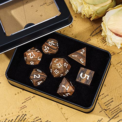 Wood DND Dice Set 7PCS Brown Wooden Dice Set for D&D Tabletop Games - color: Brown Black Striped