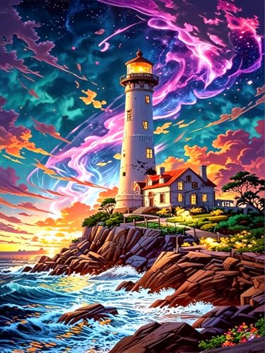 Diamond Art Kits for Adults & Beginners, Lighthouse Diamond Painting Kit | 5D Full Drill Gem Art with Seaside Scenery, Round Diamond Dots, Home Wall Decor & Gift, 12 x 16 Inch - color: HMDPUS-25902