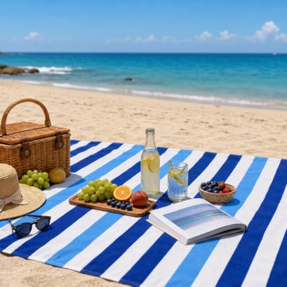 Lightweight Beach Blanket, 35 x 70 in Blue Cabana Stripe Outdoor Mat