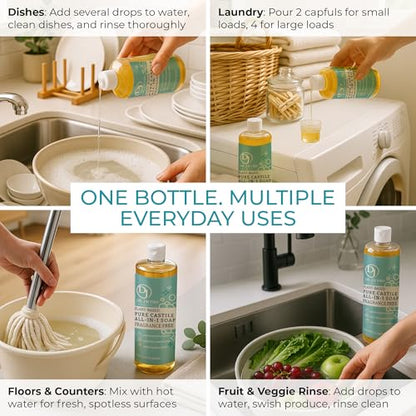 Dr. Jacobs Naturals Fragrance Free Castile All-in-One Cleaner and Soap - Plant-Based Formula for House Cleaning Floors and Appliances - Gentle on Skin and the Planet - 32 oz, 1 Pack - size: 32 Fl Oz (Pack of 1), style: Unscented