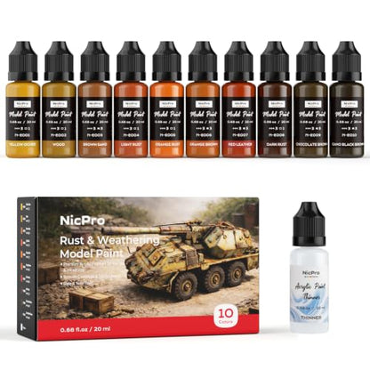 Nicpro 10 Colors Rust & Weathering Model Paint Set, 20ml | Modeling Acrylic Paints, Brush & Airbrush Compatible Miniature Paint for Model, Vehicle, Terrain & 3D Prints, with 1 Thinner - style: Rust & Weathering