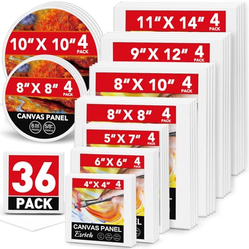 ESRICH Canvases for Painting, 36 Pack Canvas Boards 4x4, 6x6, 8x8, 5x7, 8x10, 9x12, 11x14, Round Canvas Panels with 8x8,10x10-Cotton Primed Blank Large Canvases for Acrylic, Oil, Gouache & Tempera. - size: 36 Packs Canvas Panel - 9 Sizes(4 of Each)