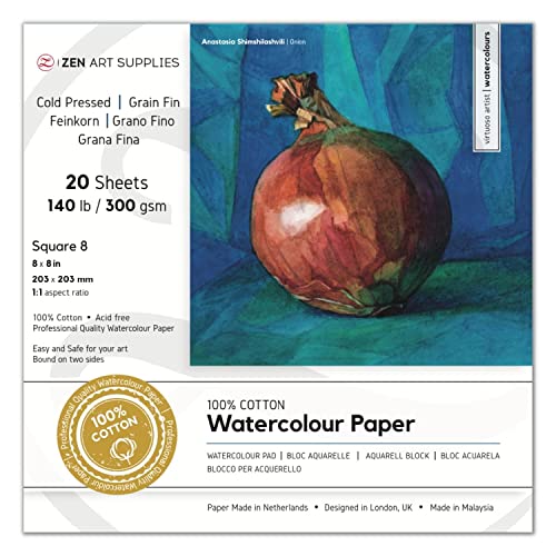 100% Cotton Watercolor Paper Block 140 lb - 8x8 in Cold Pressed 20 Sheets | Professional Grade Water Color Paper, Acid-Free Archival, Dual Texture Surfaces, Warp-Free Block Binding, Gouache & Wet-Media - size: 8"x8" Square 8