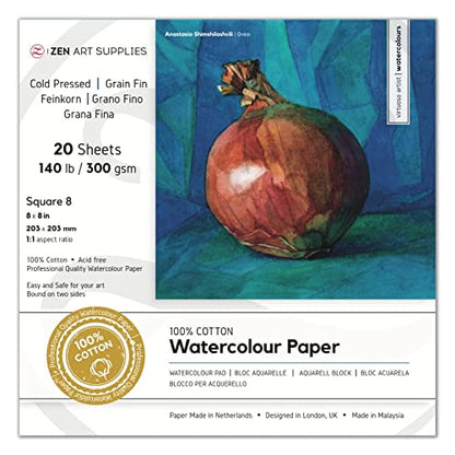 100% Cotton Watercolor Paper Block 140 lb - 8x8 in Cold Pressed 20 Sheets | Professional Grade Water Color Paper, Acid-Free Archival, Dual Texture Surfaces, Warp-Free Block Binding, Gouache & Wet-Media - size: 8"x8" Square 8