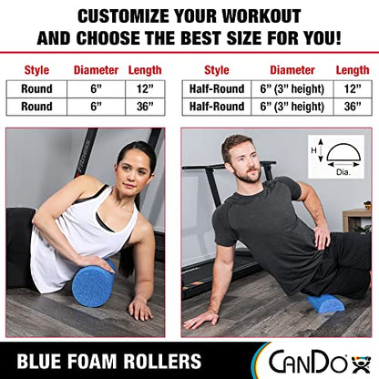 CanDo Blue PE Foam Rollers for Fitness, Exercise Muscle Restoration, Massage Therapy, Sport Recovery and Physical Therapy for Homes, Clinics, and Gyms 6" x 36" Half-Round - size: 6" x 36"