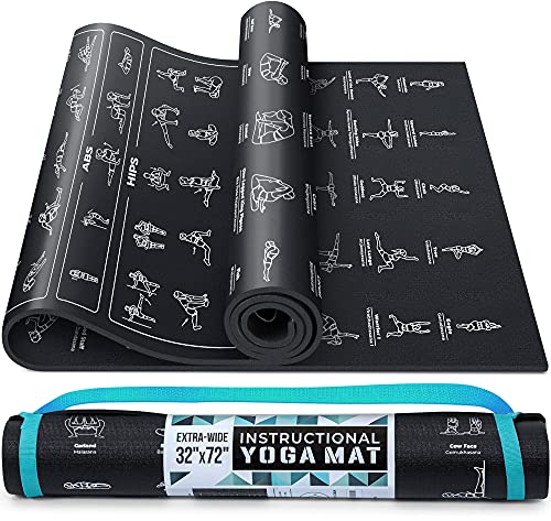 Instructional Yoga Mat with Carrying Strap: Cute Yoga Mat with 75 Illustrated Yoga Poses + 75 Easily-Followed Stretching Exercises - 1/4” Thick, Non-Toxic, Non-Slip Yoga Mats for Women and Men - color: Jet Black (72" x 32")