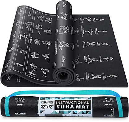 Instructional Yoga Mat with Carrying Strap: Cute Yoga Mat with 75 Illustrated Yoga Poses + 75 Easily-Followed Stretching Exercises - 1/4” Thick, Non-Toxic, Non-Slip Yoga Mats for Women and Men - color: Jet Black (72" x 32")