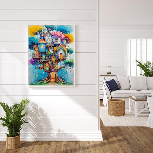 DIY Colorful House on Tree Diamond Art Kits for Adults, 5D Diamond Painting Kits for Beginners, Diamond Dot, Dimond Art Paintings, Full Drill Gem Painting, Crafts for Adults, Home Wall Decor 12x16inch - color: QY145