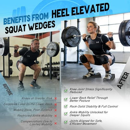 Squat Wedge for Heel Elevated Squats: Portable Non-Slip Blocks with Instructions for Leg & Glutes Exercises - Improve Squat Depth, Knee Mobility, Keep Proper Form for Home, Gym & Studio
