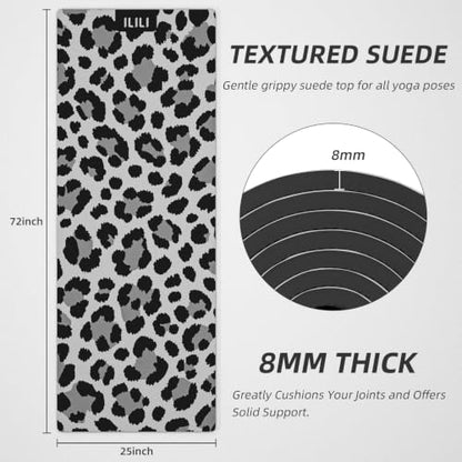 ILILI Yoga Mat Leopard Print Yoga Mat 8mm, Suede & TPE Thick Exercise Mat - color: Grey