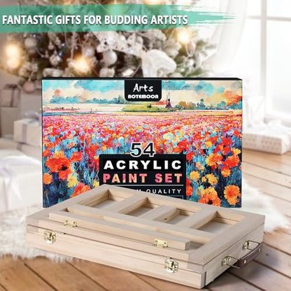 54 Pieces Complete Acrylic Paint Set with Portable Wooden Tabletop Easel | Starter Painting Kit with Tubes, Canvas Panels, Sketch Pads, Brushes, Palette for Beginners, Young Artists and Adults - color: Burlywood color