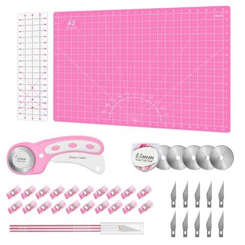 Rotary Cutter Set Pink - Quilting Kit incl. 45mm Fabric Cutter, 5 Replacement Blades, A2 Cutting Mat, Acrylic Quilting Ruler and Sewing Clips, Craft Knife Set, Ideal for Crafting, Sewing, Patchworking - color: Pink, size: A2 Rotary Cutter Set