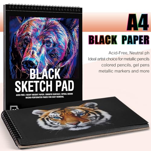 Black Paper Sketchbook 8.3 × 11.7 in, 30 Sheets, 160gsm, Spiral Bound | Acid-Free 98Lb Paper, Top Spiral, Tear-Off Pages, for Colored Pencil, Chalk & Metallic Markers - size: 8.3×11.3 Inch (1 pack)