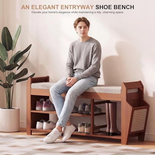 PETKABOO 39.4" Bamboo Shoe Rack Bench, 3-Tier Entryway Bench with Thick Cushion, Flip-Top & Side Storage, Holds Up to 550 LBS for Hallway, Living Room, Bedroom - color: 39.4"