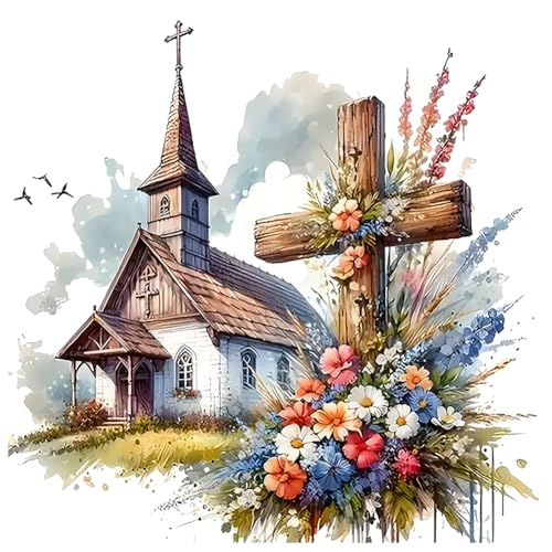 LMBADA Floral Cross Diamond Art Kit for Adults, Diamond Painting 12x12 Inch | 5D Church Diamond Painting Kit, DIY Crystal Gem Art, Round Full Drill, Relaxing Craft Home Wall Decor Gift, Beginner