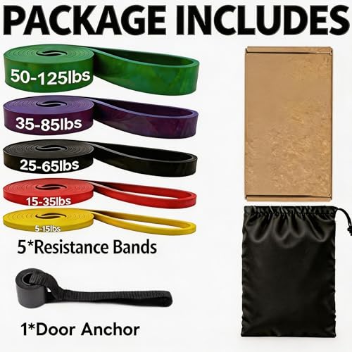 Resistance Bands for Working Out, 5 Levels Pull Up Assistance Bands | Exercise Band with Door Anchor, Body Training, Physical Therapy, Stretch Workout, 5-125 LBS for Men Women, Home Gym Travel