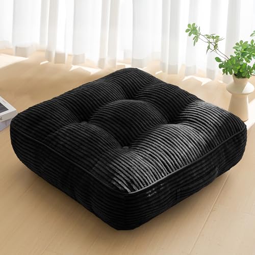 HIGOGOGO 6" Extra Thick Floor Pillow Cushion for Adults, Meditation Cushion Pillow, Large Square Floor Sitting, Tufted Corduroy Cover, for Tatami Living Room or Yoga, 22x22 Inch, Black - color: Square Black, size: 6" Thick(Pack of 1)