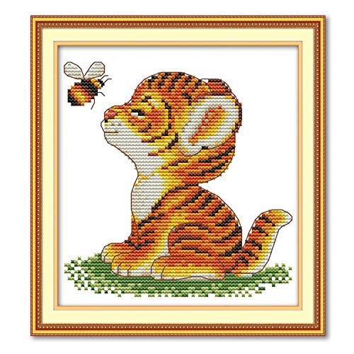 Printed Cross Stitch Kits 11CT 9X9 inch 100% Cotton Holiday Gift DIY Embroidery Starter Kits Easy Patterns Embroidery for Adults Crafts DMC Stamped Cross-Stitch Supplies Needlework Tiger and Bee - color: Stamped 15.8×15.8 inch