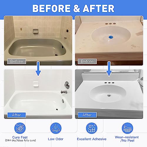 DWIL Tub Paint, Tub and Tile Refinishing Kit with Tools, Tile Refinishing Kit White Bathtub Paint Water Based &Low Odor, Easy to Use Sink for Bathroom Kitchen, Semi-Gloss White, 50-55sq.ft-3 Pack - color: White, size: 99 Fl Oz (Pack of 1)
