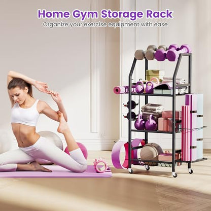 Homeiju Dumbbell Rack, Weight Rack for Home Gym, Yoga Mat Storage Holder with Lockable Wheels, Dumbbell Stand with Hooks, All in One Work out Equipment Storage for Yoga Mat Dumbbell and Balls - size: 4-Tier