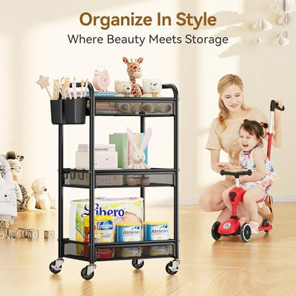 YASONIC 3 Tier Metal Rolling Cart, Black Utility Storage Cart with Wheels - color: Black, size: 3-tier