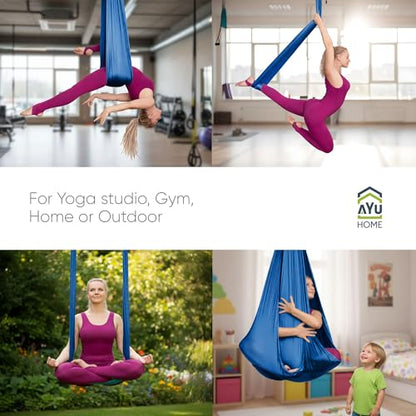 AyuHome Aerial Silks Yoga Swing Aerial Hammock Kit for Home | Premium aerial silks yoga swing kit with rigging hardware for aerial yoga, gymnastics, and home fitness - color: Aerial silk - Precious Blue - New
