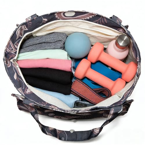 Floral Paisley Pattern Yoga Bag, Canvas Tote with Blue and Pink Design, Spacious Carrier for Yoga Mat and Accessories - color: Grey