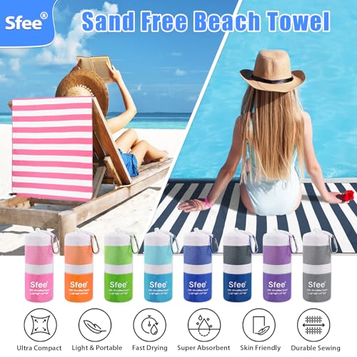 Sfee 2 in 1 Microfiber Beach Towel, Quick Dry Towel Camping Towel Travel Towel Super Absorbent Compact Lightweight Sports Gym Towels Set for Beach, Gym, Hiking, Pool, Backpacking, Bath, Yoga - color: Pink Stripe, size: L 60"x30"+24"x15"