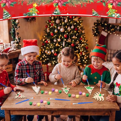 Saypacck 24 Pcs Christmas Tree Party Favors Wooden Paint Craft Kits | Includes Brushes Paints, Christmas Tree Designs, Organza Bags for Goodie Bag Fillers, Christmas Stocking Stuffer Gifts - style: Christmas Tree