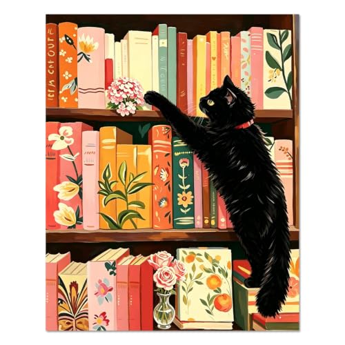 WULINHUAFA Cat Paint by Numbers Adults Beginner 16x20 Inch | Bookshelf Adult Paint by Number Kits, DIY Acrylic Oil Easy Painting by Numbers for Gifts Home Wall Decor Without Frame - color: Black Cat