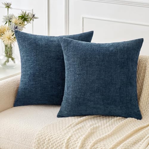 MIULEE Soft Chenille Throw Pillow Covers Blue 16x16 Inch Pack of 2 | Modern Coastal Home Decor, Classic Decorative Pillows, Solid Dyed Cases, Boho Couch Cushion Covers for Sofa Bed Living Room - color: Blue, size: 16" x 16" (Pack of 2)