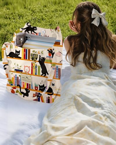 Miss Adola Corduroy Tote Bag for Women with Aesthetic Design | Magnetic Buckle & Pocket, Reusable, Soft, Roomy, Long Shoulder Handles, Double-sided Print, Casual Daily Work, Grocery Bags - color: Wt Bookshelf Black Cat