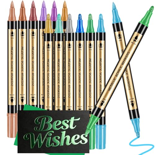 Metallic Marker Pens, 12 Colors Dual Tip Acrylic Paint Pens for Black Paper, Rock Painting, Scrapbooking, Photo Album, DIY Arts & Crafts, Glass, Wood, Card Making, Scrapbook Supplies Kit - color: 12 Colors