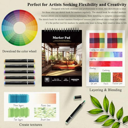 Marker Paper Sketchbook 9x12, 60 Sheets Marker Pad for Alcohol Markers, 90lb/150gsm Paper for Markers with No Bleeding, Sketch Book for Alcohol Markers bleedproof for Adults, Artists, Beginners, Kids. - size: 9" × 12", 60 Sheets