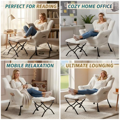 Tiita Lazy Chair with Ottoman, Comfy Reading Accent Chair, Beige | Foldable Footrest, Padded Seat and Backrest, Side Pocket for Lounging in Living Rooms, Bedrooms, Dorms and Small Spaces - color: Peach Skin Beige
