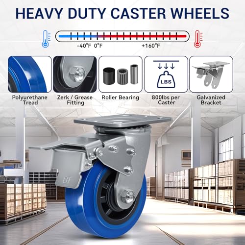 5'' X 2'' Caster, Heavy Duty Caster Wheel with Brake, Polyurethane on Polyolefin Core with Roller Bearing, Load 800lbs per Industrial Casters (1 Total Lock Brake) - style: 1 Total Lock Brake