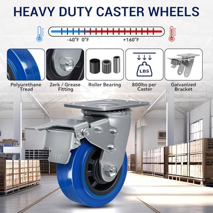 5'' X 2'' Caster, Heavy Duty Caster Wheel with Brake, Polyurethane on Polyolefin Core with Roller Bearing, Load 800lbs per Industrial Casters (1 Total Lock Brake) - style: 1 Total Lock Brake