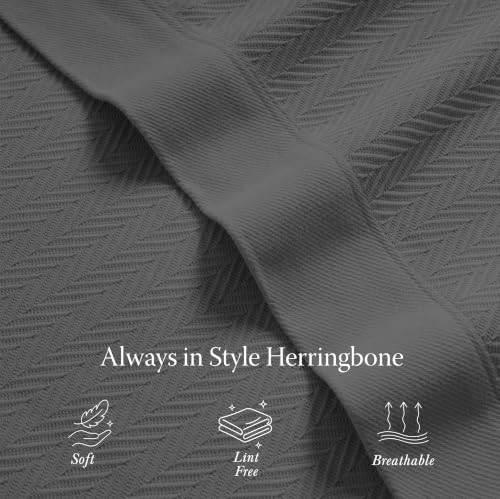 Threadmill Luxury 100% Cotton Queen Herringbone Blanket, Dark Grey - color: Dark Grey, size: Queen (90" x 92")