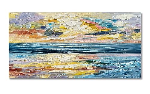 Art Hand Painted Ocean Landscape Oil Painting Sea Sunset Landscape Modern Abstract Art Home Wall Decoration 24x48 Inches - color: Yi031