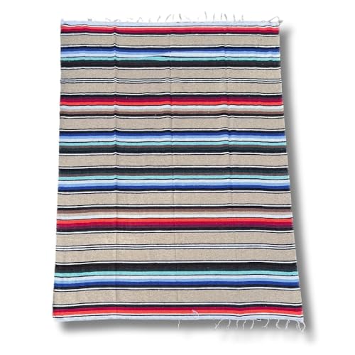 Open Road Goods Authentic Mexican Serape Blanket – 100% Cotton Falsa Throw - Multi-Color Handmade Blanket/Classic Striped Falsa Beach Blanket (Tan/Beige) - color: Tan/Beige