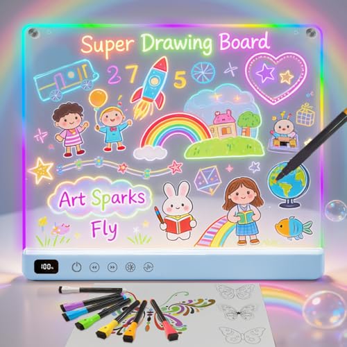 16" Rechargeable Led Drawing Board for Kids with 13 Light Effect, Glow Doodle Acrylic Dry Erase Board-Built-in Stand, Light Up Drawing Tablet for Kids, Gifts for Girls/Teen, 7 Markers(Blue) - color: Blue