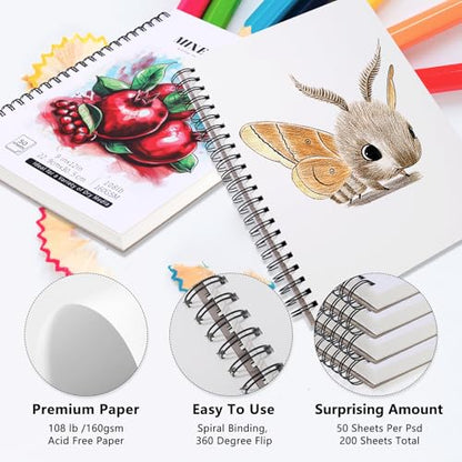 4 Pack Mixed Media Sketchbook 9×12 in, Spiral Bound, 200 Sheets Sketch Pads | 160gsm Acid-Free Paper, Flat-Lay Spiral Design, for Dry Media, Mixed-Media Project & Back-to-School Gifts - color: fruit, size: 9 x 12 inch (4 pack)