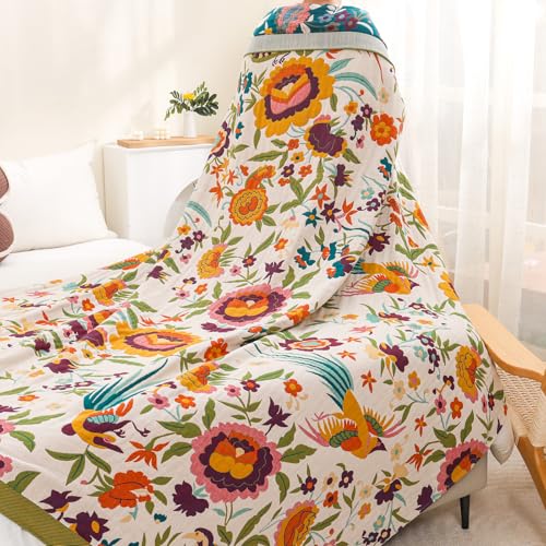 Flower and Bird Boho Throw Blanket for Bed Couch 90"×98" - color: Boho Flower-c, size: 90"x98"