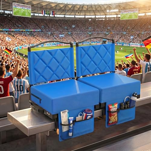 Stadium Seats with Back Support and Cushion Thick Padded Bleacher Chairs with Shoulder Strap, Portable Folding Stadium Seat Chairs for Bleachers Include Cup Holder and Side Pocket (Blue, 2pcs) - color: With Pocket-blue, size: 2pcs