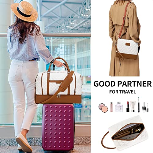 Weekender Bag, Large Travel Duffel Bag for Women, Carry on Overnight Bag with Shoe Compartment and Toiletry Bags - color: White-Brown
