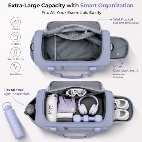 FIORETTO Women's Gym Duffle Bag with Shoes Compartment, 30L Capacity, Ideal for Travel, Gym, Sports, Duffel, Weekender - color: Grayish Blue, style: Gym Bag